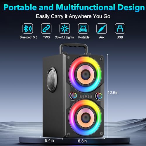 RRNUY 100W Portable Bluetooth Speaker with Subwoofer & LED Light - Powerful Boombox with Powerful Bass, Wooden Housing and TWS for Outdoor Party