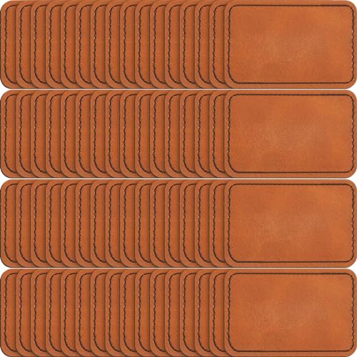 Dunzy 60 Pcs Blank Leatherette Hat Patch with Adhesive Rectangle Leather Hat Patches Rustic Faux Iron on for Fabric Repair Custom Sewing Laser Engraving DIY Crafts(Khaki,3 x 2 Inch)