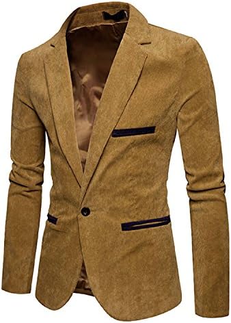 [Upgraded] Men's Long Sleeve Regular Fit Corduroy Lapel Casual Blazer Jacket One Button Coat Khaki X-Large