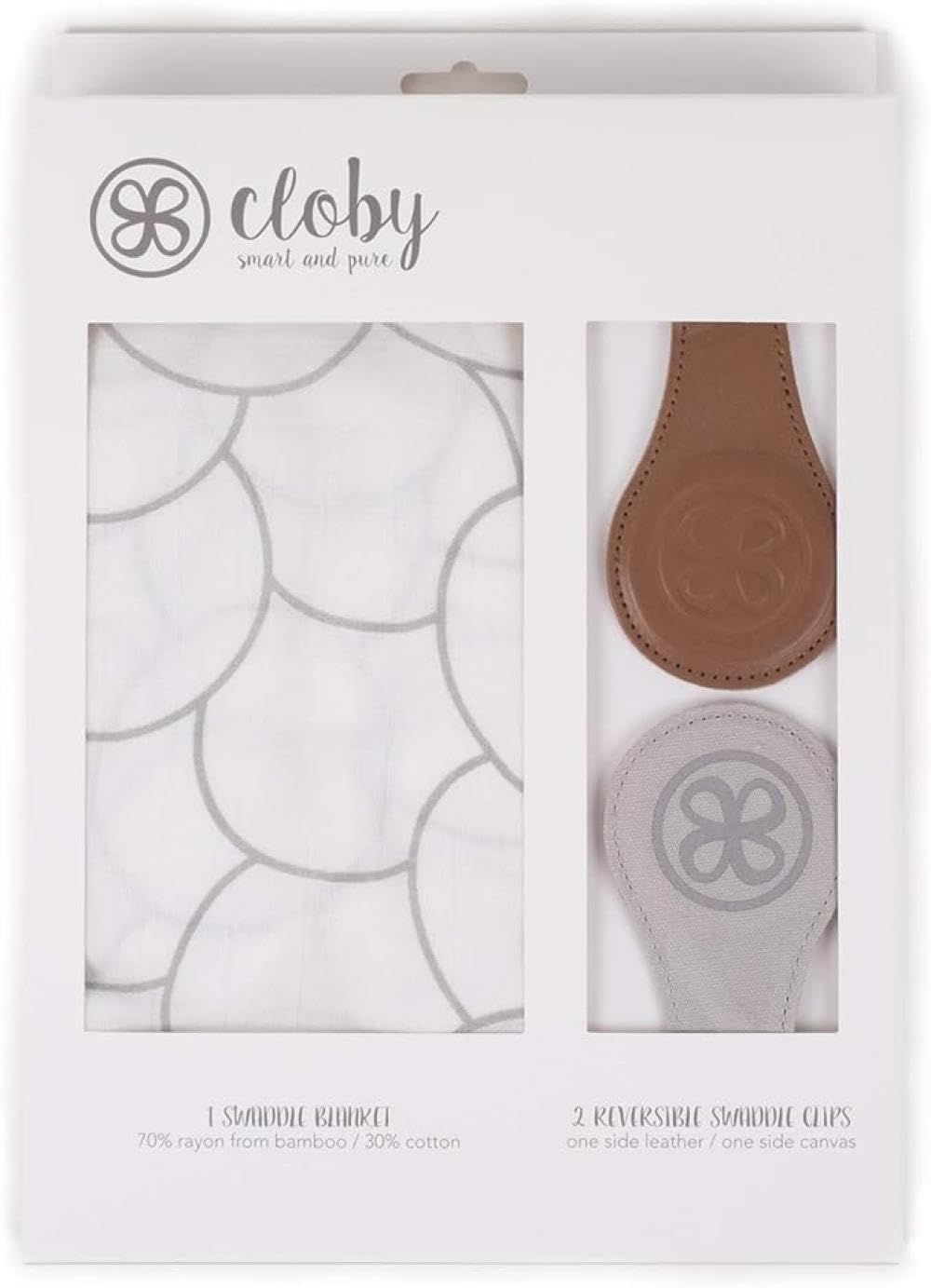 Cloby Bamboo & Cotton Swaddle Cloth 120 x 120 cm with 2 Magnetic Clips Made of Leather & Canvas - Pram Stretch Blanket Brown/Silver - Baby Blanket Breathable & Reversible