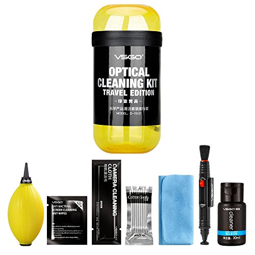 VSGO DKL-17 UES DSL Camera Lens Cleaning Kits: Lens Cleaner, Lens Pen, Microfiber Cloth, Air Blower, Wet Wipe, Suede Screen Cleaning Cloth and Waterproof Bottle Container, Yellow