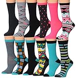 Tipi Toe Women's 12-Pairs Colorful Patterned Crew Socks, (sock size 9-11) Fits shoe size 5-9, CR103-107