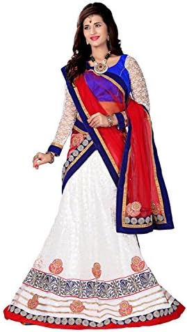 Khushali Presents Embroidered Net Lehenga Choli(White,Blue)