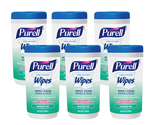 PURELL Hand and Face Sanitizing Wipes -  Clean Refreshing Scent Non-Alcohol Wipes, 40 Count Canisters (Case of 6) - 9120-06-CMR