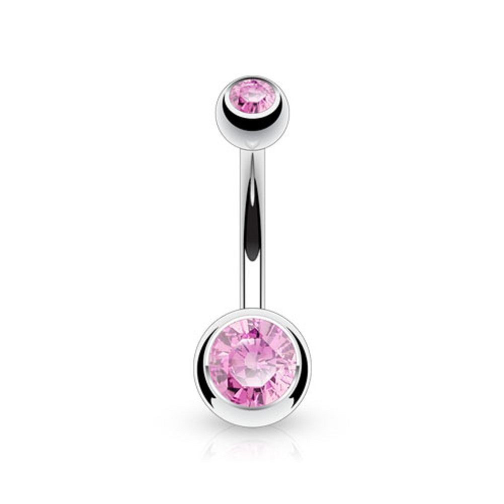 PiercedOff Titanium Belly Bar with Externally Threaded Pink CZ Gem Balls - Thickness 14GA (1.6mm) / Length 10mm / Ball Sizes 5mm Top and 8mm Bottom