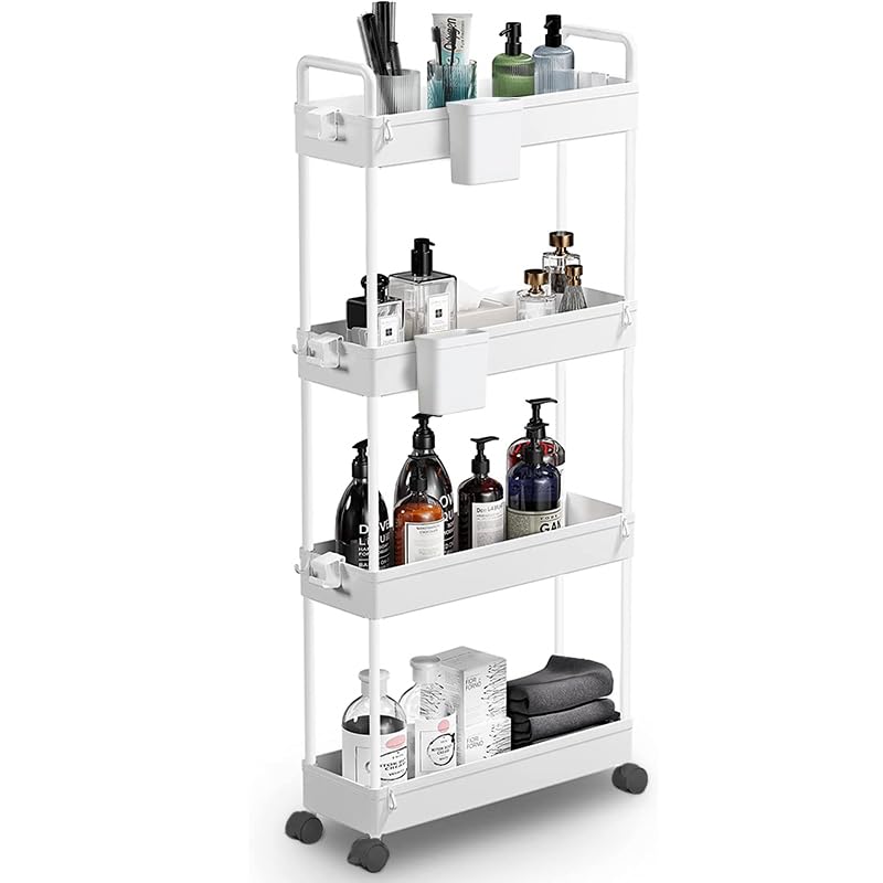 Queta Storage Trolley, Kitchen Storage Utility Cart Mobile Shelving Unit with Handle Hook Slide Out Storage Rack for Office, Kitchen, Bedroom, Bathroom, Laundry Room (4 Tier-White), 21.5 x 40 x 91.5