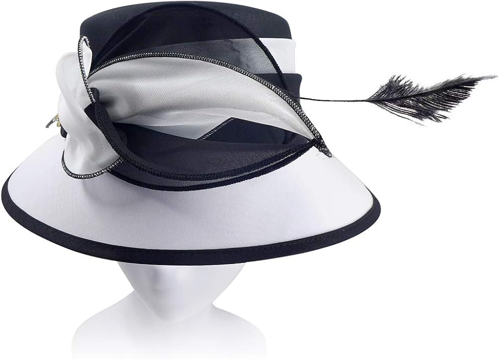 June's Young Women Church Hats Formal Dress Derby Hats with Feather Elegant Bucket Hats (Black/White) at  Women’s Clothing store