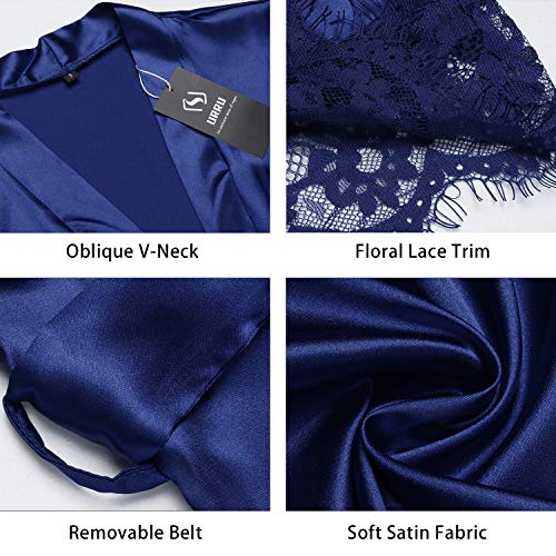 URRU Silk Stain Pure Kimono Wedding Dressing Gown Kimono Robes Bridal Lingerie Sleepwear Navy Blue S - Thumbnail 5