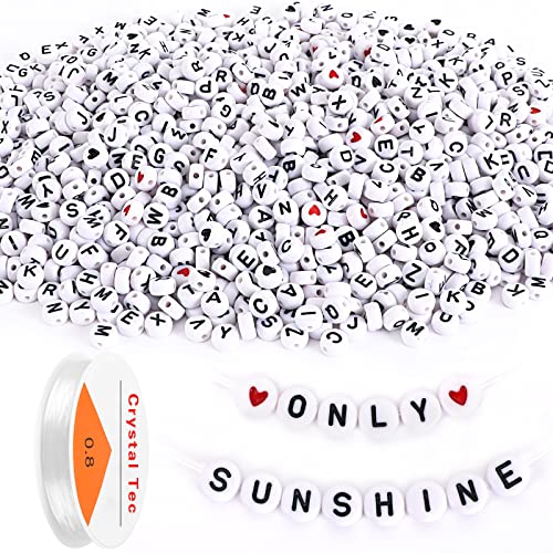 Letter Beads, DECYOOL 1900Pcs 4×7mm Wihte Black Acrylic Alphabet Beads with 1 Roll Elastic String for Bracelet Necklace