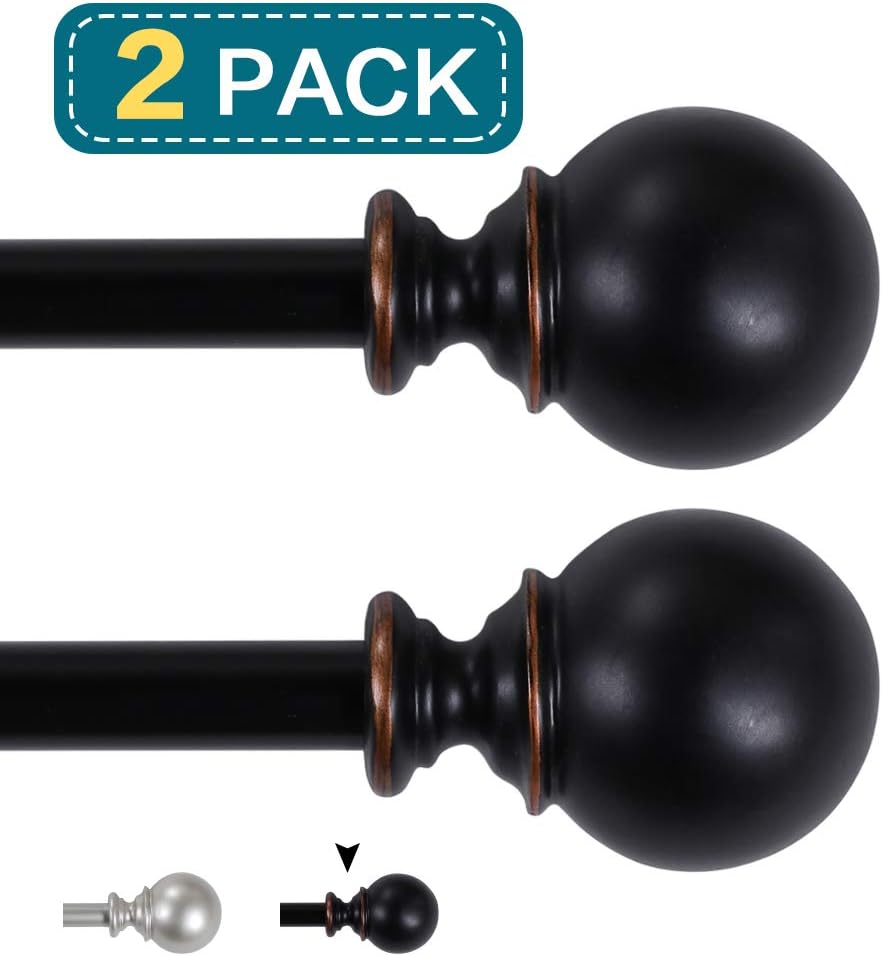 Decorative Curtain Rod with Round Finials for Windows 28 to 48-inch Single Window Treatment Rod Set with Classic Finial 3/4 Inch Diameter 2848 Black，2 Pack: Home & Kitchen