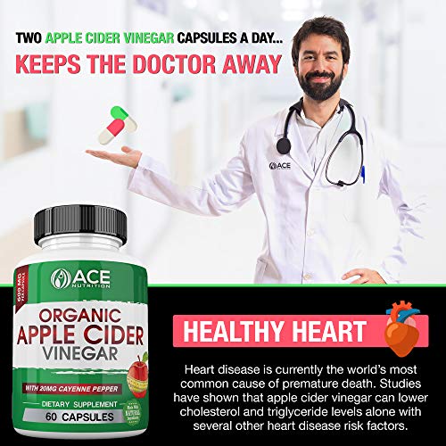 ACE Nutrition Organic Apple Cider Vinegar Capsules (600mg) Natural Detox and Weight Loss Supplements | Cayenne Pepper Metabolism Booster | Raw, Pure, Non-GMO, Gluten Free