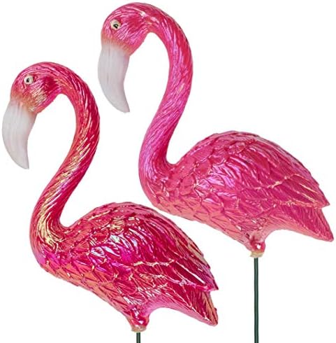 OOTB Garden Pink Flamingo Plastic Flower Pot Stick Ornament Decoration (Set of 2)