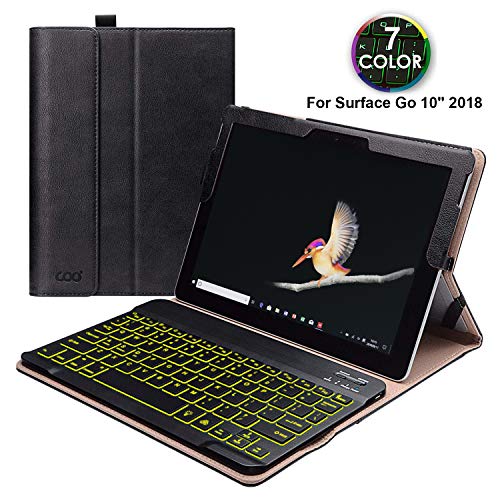 Surface Go Case and Keyboard Combo 10 Inch 2018, PU Leather Case Cover(Compatible with Kickstand) /Detachable 7-Color Backlit Wireless Keyboard, for Microsoft Surface Go 10" 2018, Black