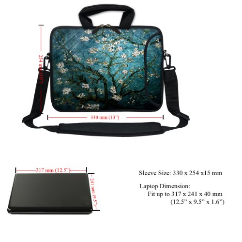 Meffort Inc 13 Inch Neoprene Laptop Bag with Extra Side Pocket, Soft Carrying Handle & Removable Shoulder Strap for 12.5 to 13.3 Inch Size Chromebook Ultrabook (Vincent Van Gogh Almond Blossoming)