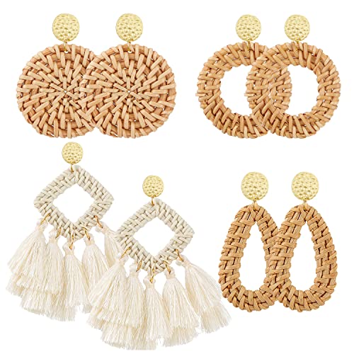 AIDSOTOU Rattan Earrings for Women Lightweight Geometric Statement Earrings Handmade Straw Wicker Braid Teardrop Hoop Drop Dangle Earrings 4 Pairs