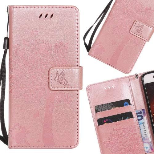 LEMORRY for Huawei Mate 8 Case Leather Flip Cover Wallet Pouch Soft TPU Slim Fit Bumper Stand Protective Magnetic Strap with Card Slot, Lucky Tree Rose