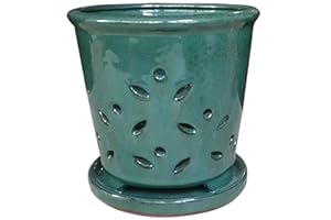 FOWARGIF Ceramic Orchid pots with Holes 6inch,Round Green Ceramic Orchid Pot with Saucer,Ceramic air Plant Pot with Holes,Butterfly Pot Saucer Windowsill Contemporary Home Decoration, (Forest Green)…