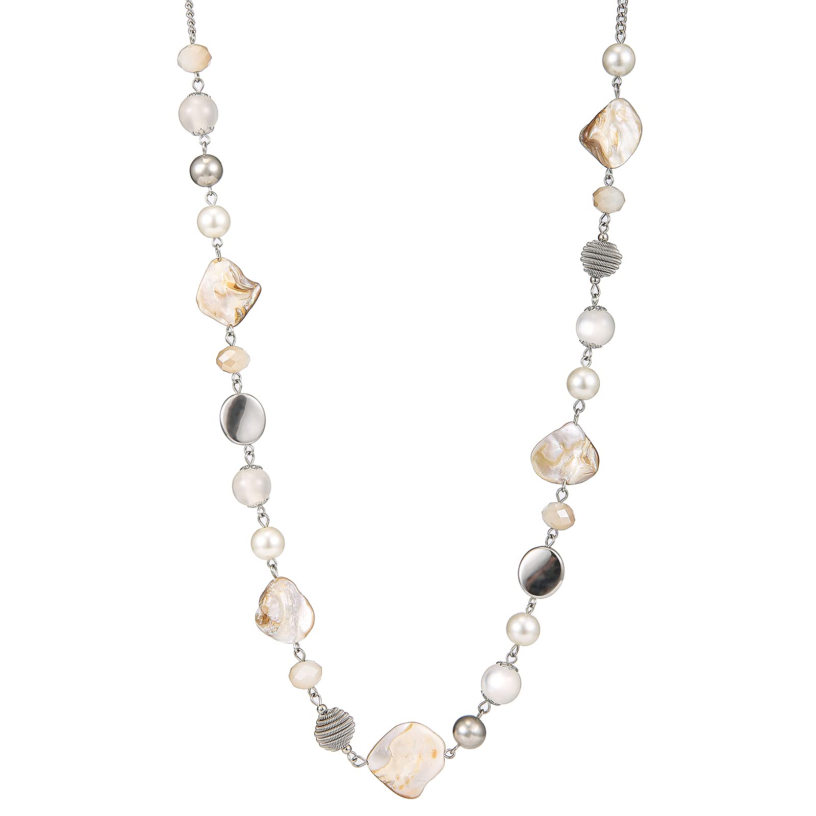 FULU AUTUMN Long Silver Beaded Necklace for Women Chain Necklace with Shell Crystal Pearl Beads Fashion Jewellery Gifts for women(White)