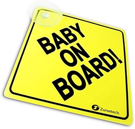 Zone Tech "Baby On Board" Vehicle Safety Sign - Premium Quality Reflective Convenient Reusable "Baby on Board" Vehicle Safety Sign with Suction Cups 5"x5"