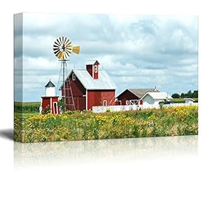 Canvas Prints Wall Art - Beautiful Scenery of Windmill, Barn, Sheds and Fence on a Cloudy Day | Modern Wall Decor/Home Art Stretched Gallery Canvas Wrap Giclee Print & Ready to Hang - 12" x 18"