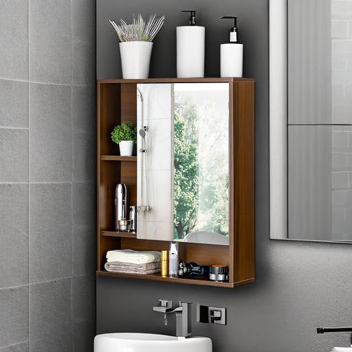 CHOOCHOO BATHROOM WALL MIRROR CABINET, MEDICINE CABINET WITH SINGLE DOOR AND ADJUSTABLE SHELF, OVER THE TOILET SPACE SAVER STORAGE CABINET, WALNUT