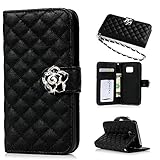 (NOT S7 Edge) Galaxy S7 Case, S7 Case Wallet Black Leather Flip Cover Kickstand Cover Card Holder Wrist Strip Bling Camellia Flower Pendant Magnetic Clip Design Bumper Cover Skin for Samsung Galaxy S7