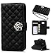 (NOT S7 Edge) Galaxy S7 Case, S7 Case Wallet Black Leather Flip Cover Kickstand Cover Card Holder Wrist Strip Bling Camellia Flower Pendant Magnetic Clip Design Bumper Cover Skin for Samsung Galaxy S7