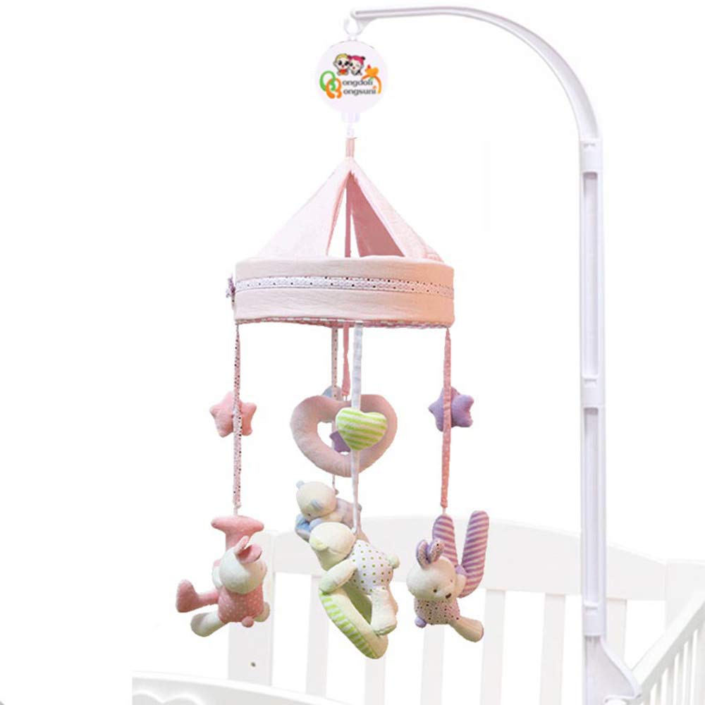 HB.YE Musical Baby Mobile with Plush Rattle Toys, Handmade Cot Mobile with Soothing Music and Firm Holder | Pink Bunny with Love