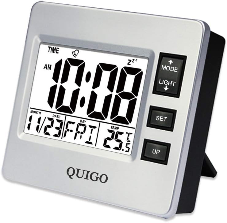 QUIGO Small Digital Travel Alarm Clock with Date&Temperature, Snooze,Nightlight and Battery Operated for Students,Outdoor,Bedroom,Office (Silver)