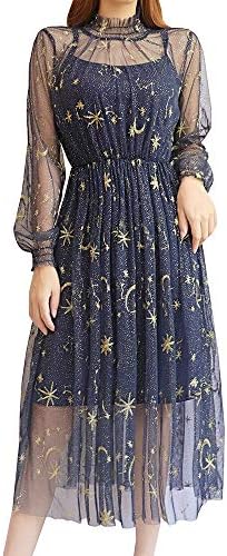 YOUMU Women Summer Chiffon Dress Stars Moon Print Embroidered