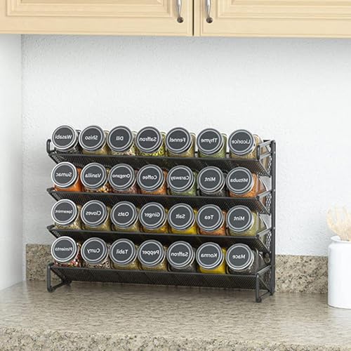 GANGHUI Spice Jars 4-Tier Stackable Spice Racks with 28 Glass Spice Jars, Seasoning Bottle Organizer with 386 Labels with Chalk Marker and Funnel Complete Set for Countertop, Cabinet or Wall Mount