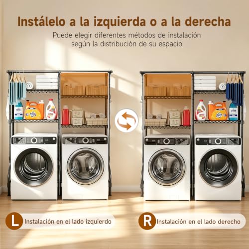 Kisfam Mueble para Lavadora y Secadora, Estante Organizador de Lavandería de 4 Niveles, Estructura Metálica Independiente con Tendedero, 170 cm Ancho x 50cm Fondo x 197 cm Alto