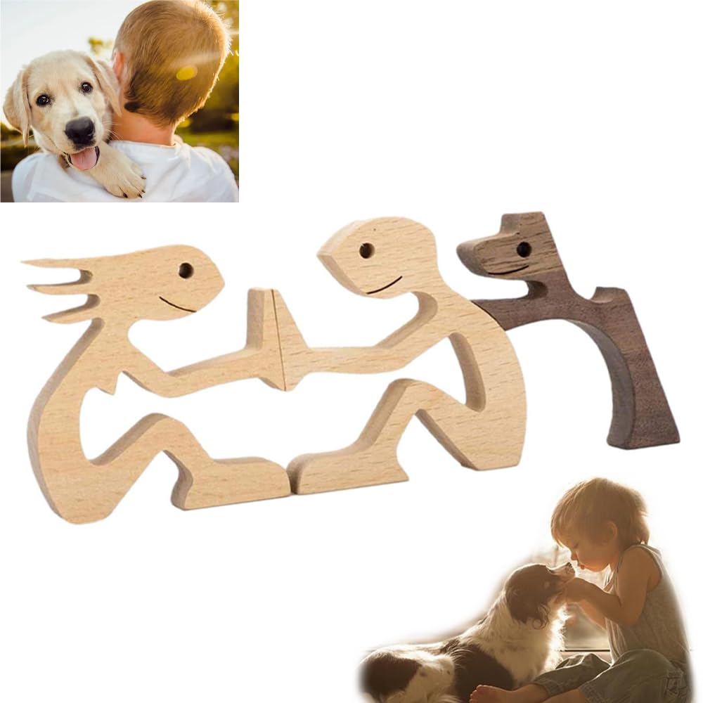 RHQFDM Wooden Family Dog Figurine Boy Girl and Puppy Flat Statue Handmade Pet Carving Set for Nursery Room Decor Heartwarming Gift