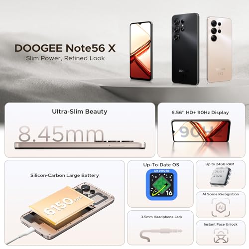 POPUX NOTE 56 X Mobile Phones, Android 16 Phone, 6150mAh, 6.56" HD+ 90Hz, 24GB + 64GB/2TB Android Phones, Octa Core, Dual SIM Unlocked Mobile Phone, Face ID, 3.5mm Jack, GPS, OTG