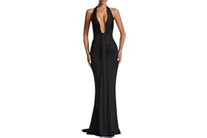 ABYOVRT Women Deep V Neck Ruched Maxi Dress Sleeveless Halter Gown Cocktail Evening Formal Dresses