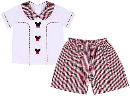 Babeeni Baby Boy Short Set With Lovely Mickey Mouse Machine Embroidery Patterns, White Knit T-Shirt and Red&amp;Black Gingham Seersucker Pants For Holidays Occasio (6M)