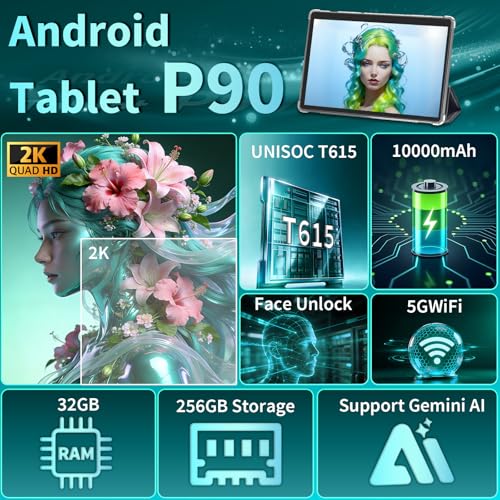 13 Inch Tablet with Keyboard, Android 16 Tablet, 32GB+256GB+2TB Expand, 1920x1200 IPS Display, Gemini AI, 10000mAh, 8-Core, Wi-Fi, GPS, Large Screen Tablet PC with Case, Mouse, Stylus(Black Case)