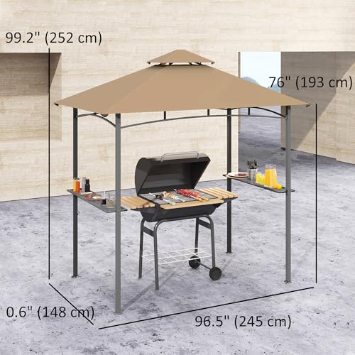 Outsunny 8' x 5' BBQ Grill Gazebo Tent with Double Tiered Canopy for Outdoor Sun Shade, Khaki