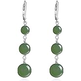 Lattd Jade Earrings 925 Sterling Silver Three Natural Hetain Deep Green Jade Beads Dangle Drop Leverback Earrings for Women Mom Wife
