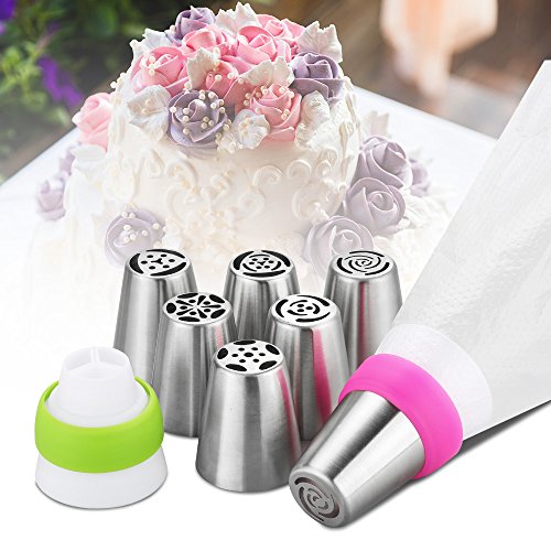 Russian Piping Tips, Topist Stainless Steel Cake Decorating Nozzles Icing Syringe Set with 7 Large Size Icing Piping Nozzles Tips, 2 Couplers(Tri-Color and Single Color),20 Disposable Pastry Bags