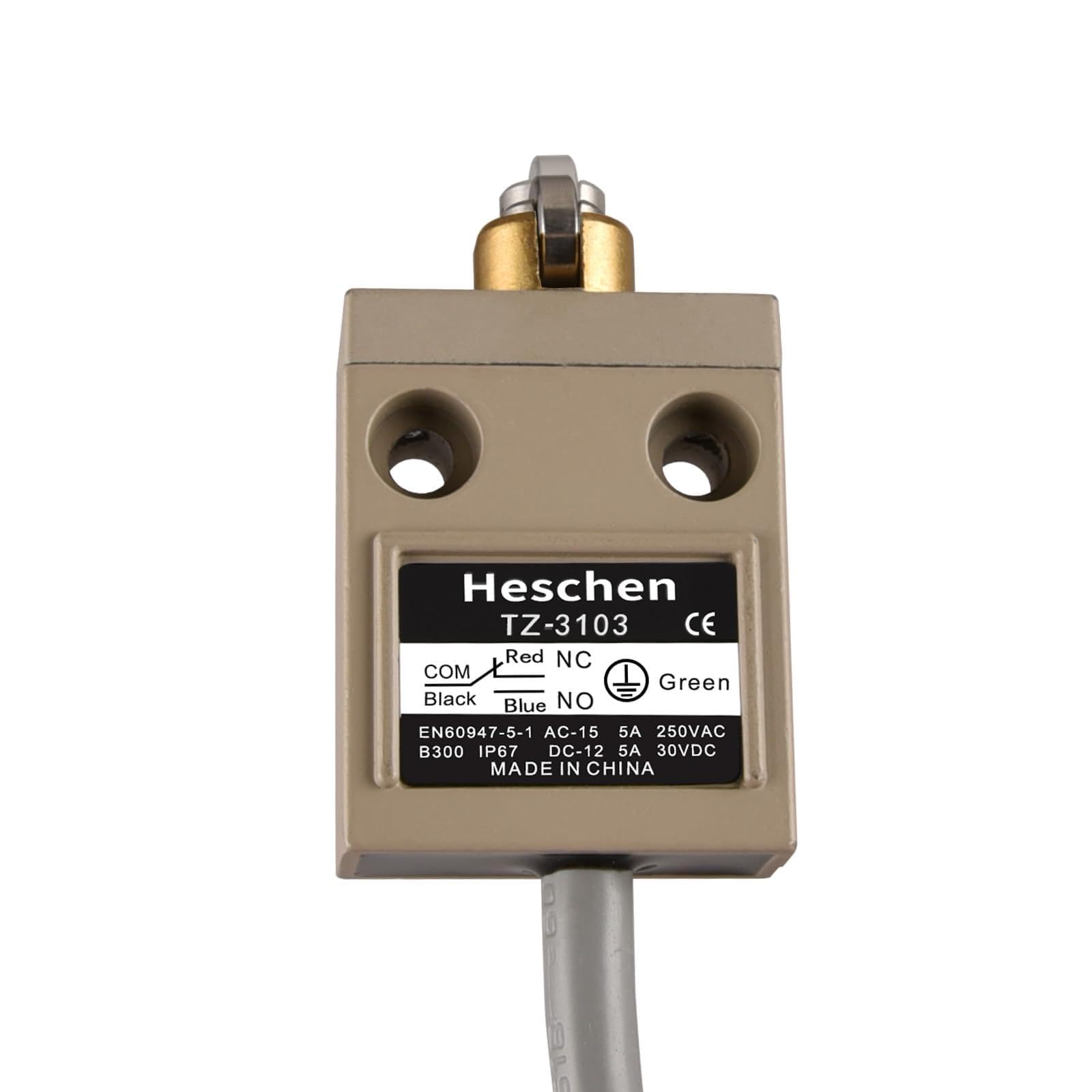 Heschen Compact Prewired Limit Switch, TZ-3103, Cross Roller Plunger, SPDT, Momentary Type, AC250V 5A, IP67 Waterproof