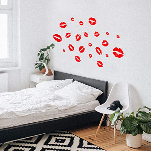 Set of 22 Valentines Day Vinyl Wall Art Decal - Kisses - from 2" to 10" Each - Trendy Red Lips for Home Living Room Bedroom Indoor Outdoor Apartment Girly Women's Teens Decor