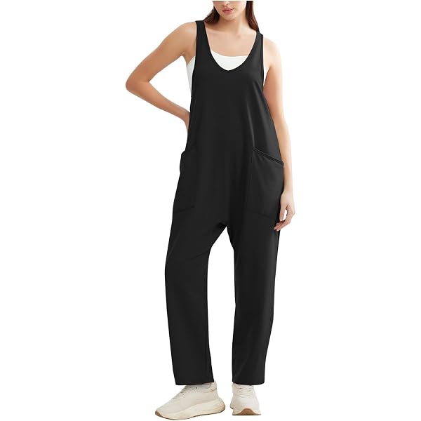 WIHOLL Overol Casual De Punto Suelto Para Mujer, Sin Mangas, Cuello En V, Con Bolsillo Y Pantalones Largos, Azul