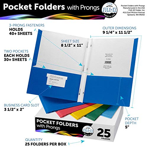 FILEEZ TwoPocket Folders with 3Prong Fasteners, Assorted Colors, 25Pack, Durable Textured