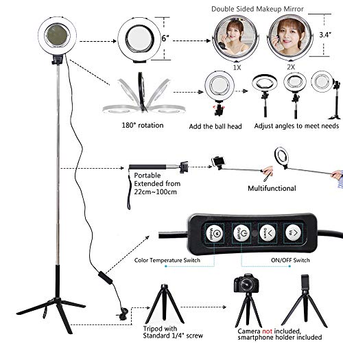 Dimmable Ring Light with Adjustable Height Light Stand,Selfie Stick and USB Plug,6" 3200K~5500K Beauty Table Top Lamp with Makeup Mirror,Mini Tripod and Phone Clamp, Perfect for Vlogs,YouTube Channel
