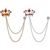 Shuxy 2PCS Men's Brooch Crown Hanging Chain Brooch Red Stone Detailing with Engraving Metal Crystal Brooch Suit Stud Lapel Pin Vintage Rhinestone Breastpin Wedding Brooch Pin, Gold and Silver