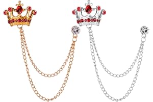 Shuxy 2PCS Men's Brooch Crown Hanging Chain Brooch Red Stone Detailing with Engraving Metal Crystal Brooch Suit Stud Lapel Pin Vintage Rhinestone Breastpin Wedding Brooch Pin, Gold and Silver