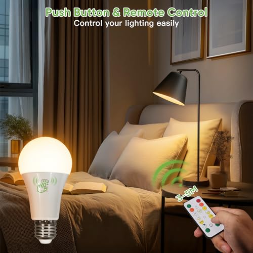 Kimjo Rechargeable Bulb with Battery - Rechargeable Bulb with Remote Control E27 7W - Camping Lamp USB 3 Colours Dimmable - Button Control Outdoor Emergency Light Pack of 2