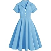 Women 50s Vintage Short Sleeve V-Neck Cocktail Swing Dress Notch Lapel Collar 1950s Rockabilly Prom Dress Button Up Pleated A Line Wedding Formal Party Gown Midi Evening Dress with Pockets Sky Blue S