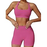 Workout Sets for Women 2 Piece Seamless Halter Sport Bra High Waist Shorts Exercise Gym Yoga Outfits